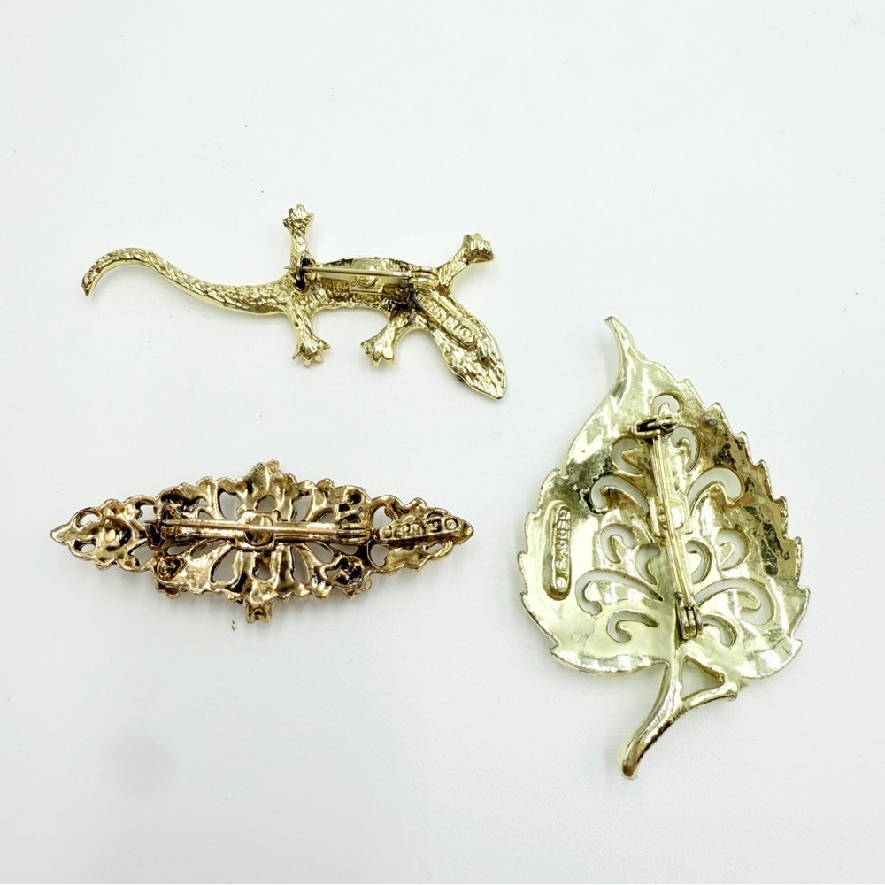 Gerry’s Vintage Gold Tone 3 Brooch Sets Lizard Leaf Floral Rhinestone Pearl Pins - Picture 9 of 13